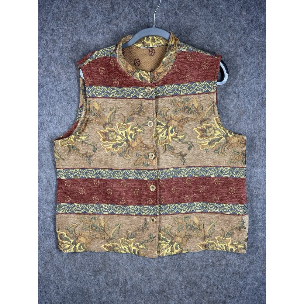 Vintage 90s Floral Tapestry Vest Womens Medium Boho Cottagecore Button Up